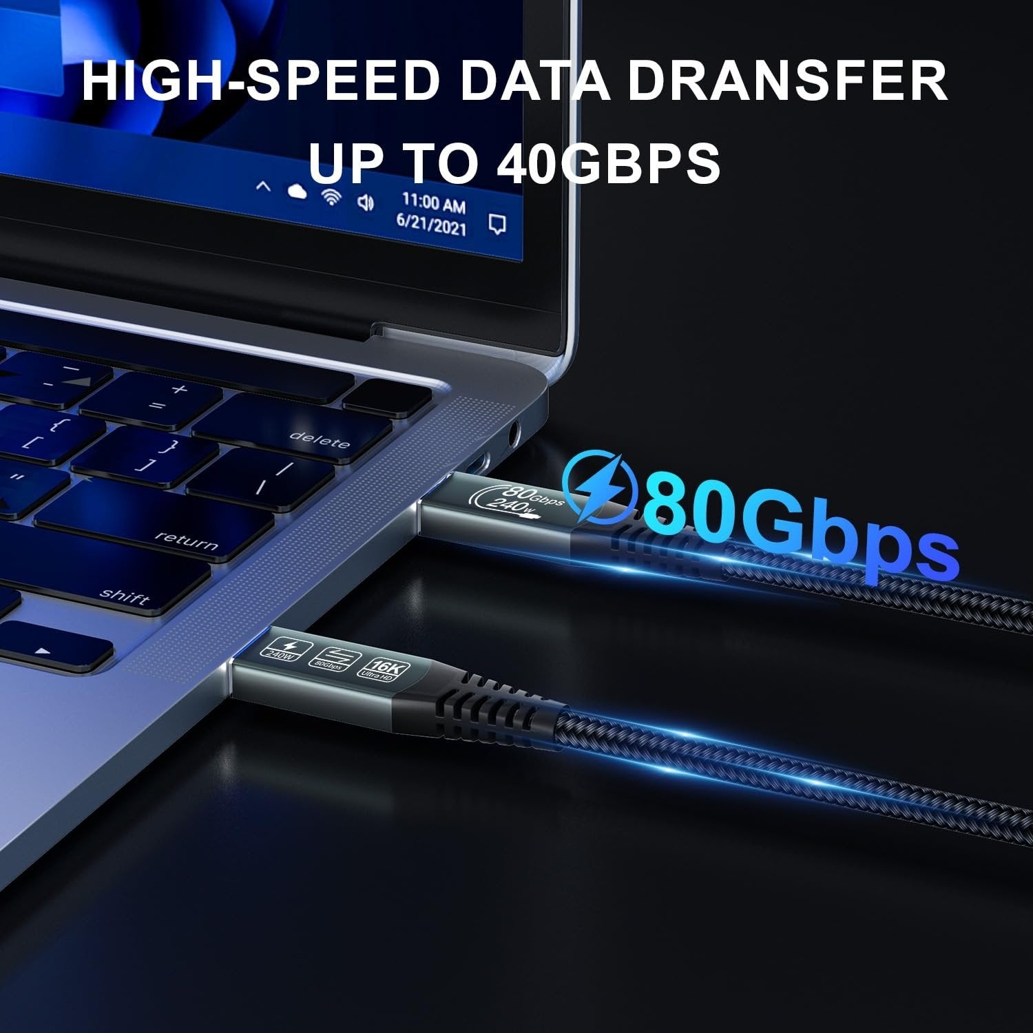 NÖRDIC 2m Thunderbolt 5 kabel 80Gbps dataoverførsel 240W opladning 120Gbps båndbredde 16K60Hz 8K60Hz 4K540Hz