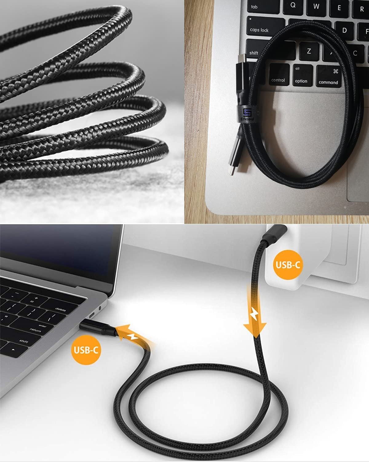 NÖRDIC 2m USB3.2 Gen2 SuperSpeed USB 10Gbps USB-C til C nylonflettet kabel med strømforsyning 100W, 4K60Hz video og Emarker