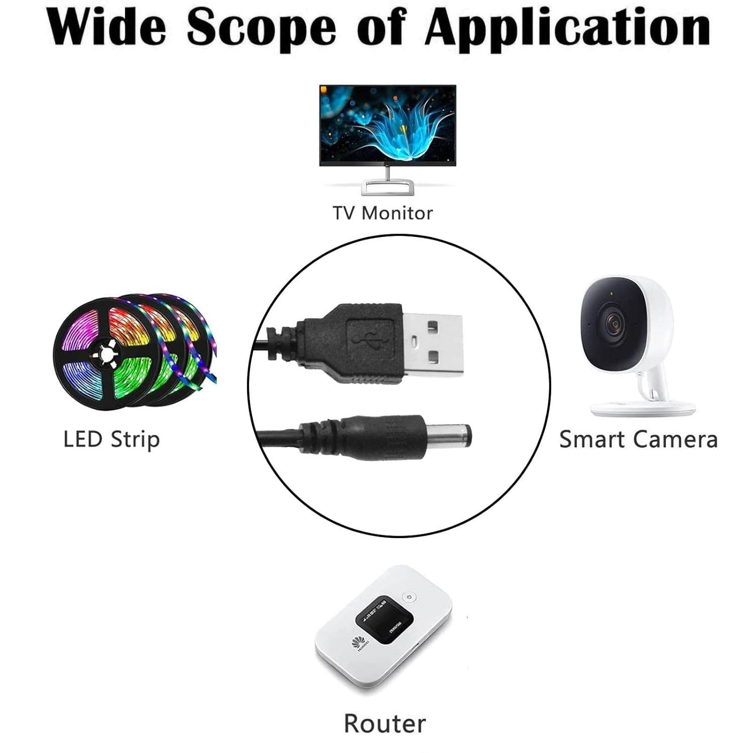 NÖRDIC 2 m USB-A kabel til DC 5.5×2.5 mm 2A