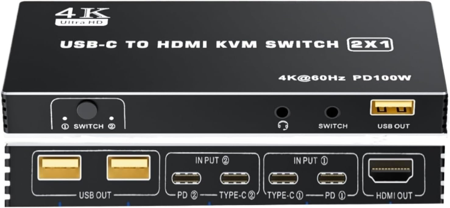 NÖRDIC USB-C til HDMI KVM-switch 4K 60Hz, Type-C KVM-switch HDMI til 2 computere 1 HDMI-skærm