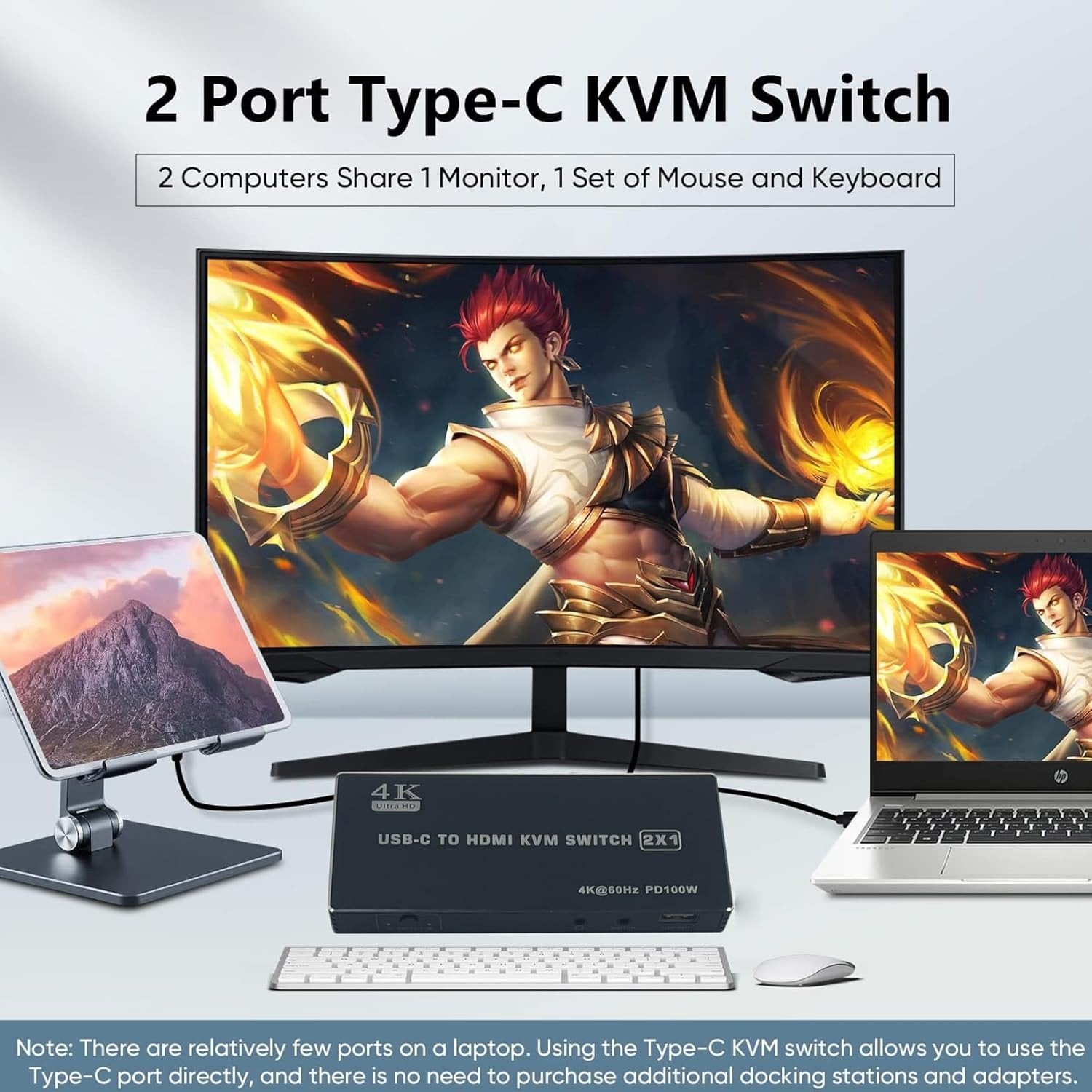 NÖRDIC USB-C til HDMI KVM-switch 4K 60Hz, Type-C KVM-switch HDMI til 2 computere 1 HDMI-skærm