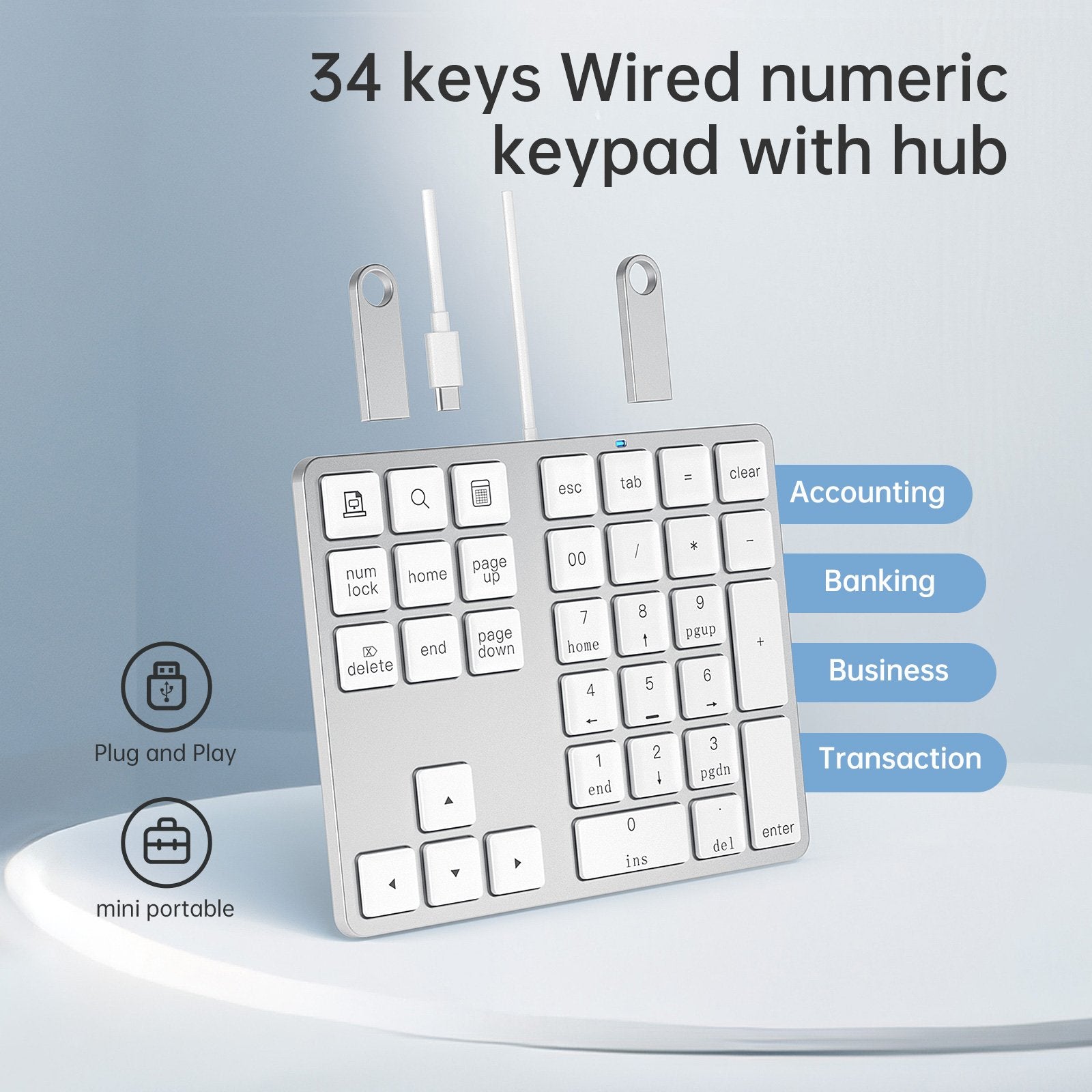 NÖRDIC USB-C Numerisk tastatur med kabel, 34 taster, 2×USB-A + 1×USB-C til opladning
