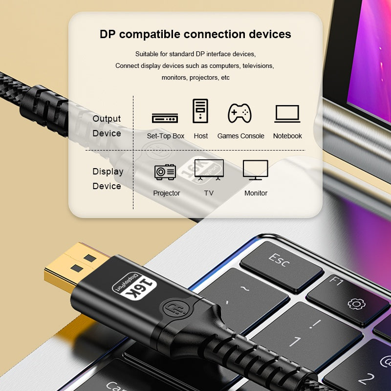 NÖRDIC 3 m nylonflettet DisplayPort 2.1 kabel DP80 UHBR20 80Gbps 16K/10K/8K@60Hz 4K@165/144Hz DSC 1.2a HDR HDCP 2.2 FreeSync G-Sync