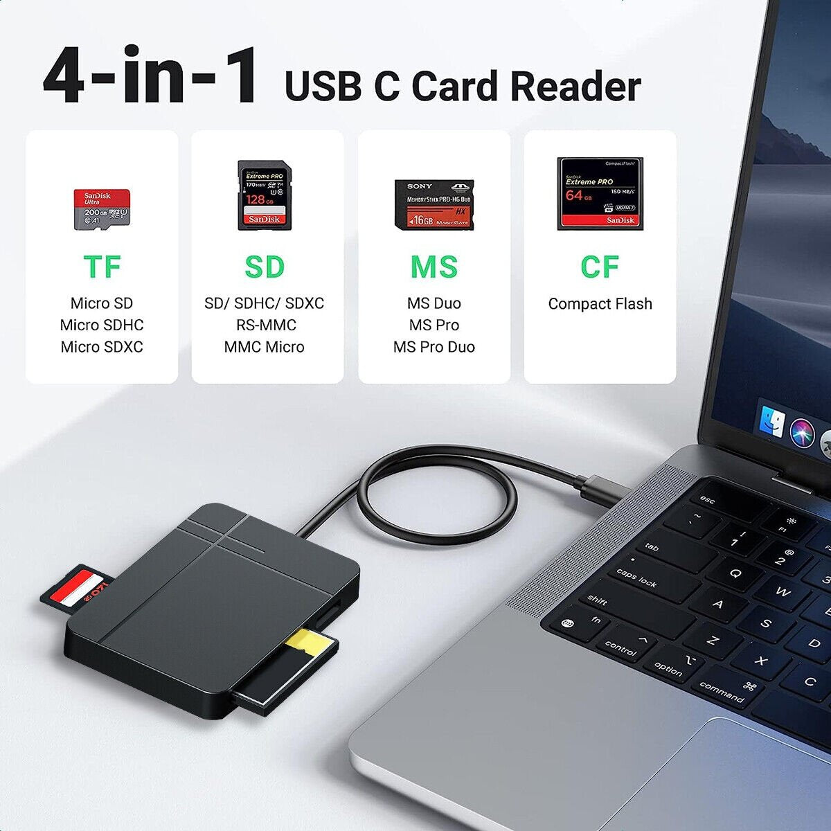 NÖRDIC USB-A 3.1, USB-C kortlæser 4 slot CF, SD 4.0, MicroSD 4.0, MS UHS-II