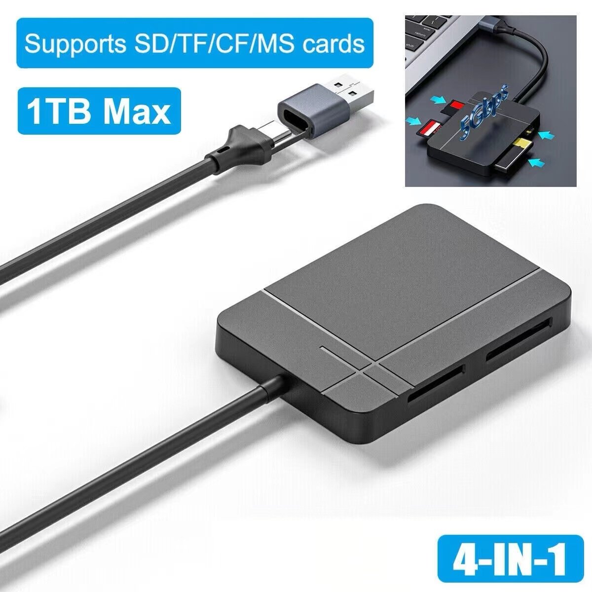 NÖRDIC USB-A 3.1, USB-C kortlæser 4 slot CF, SD 4.0, MicroSD 4.0, MS UHS-II