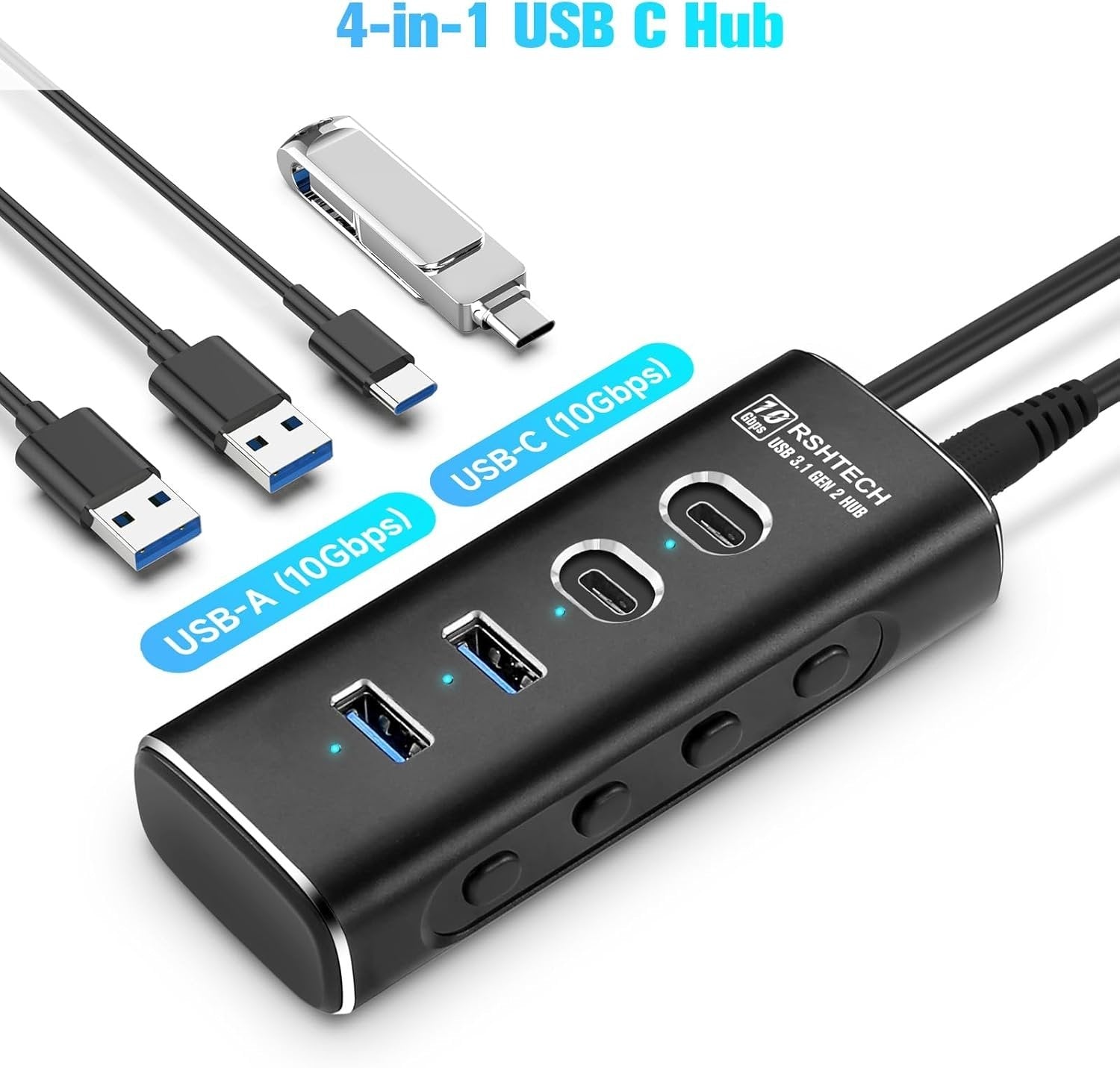NÖRDIC 4-port Powered USB-C Hub 10Gbps with 2 USB-A & 2 USB-C Data Ports