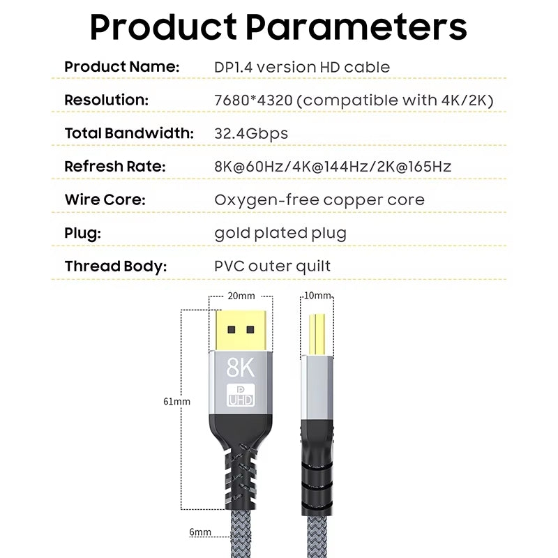 NÖRDIC 50cm DisplayPort til DisplayPort-kabel ver 1.4 UHD i 60Hz 32,4Gbps 8K 10-bit HDR dobbelt-kobber 99,99%