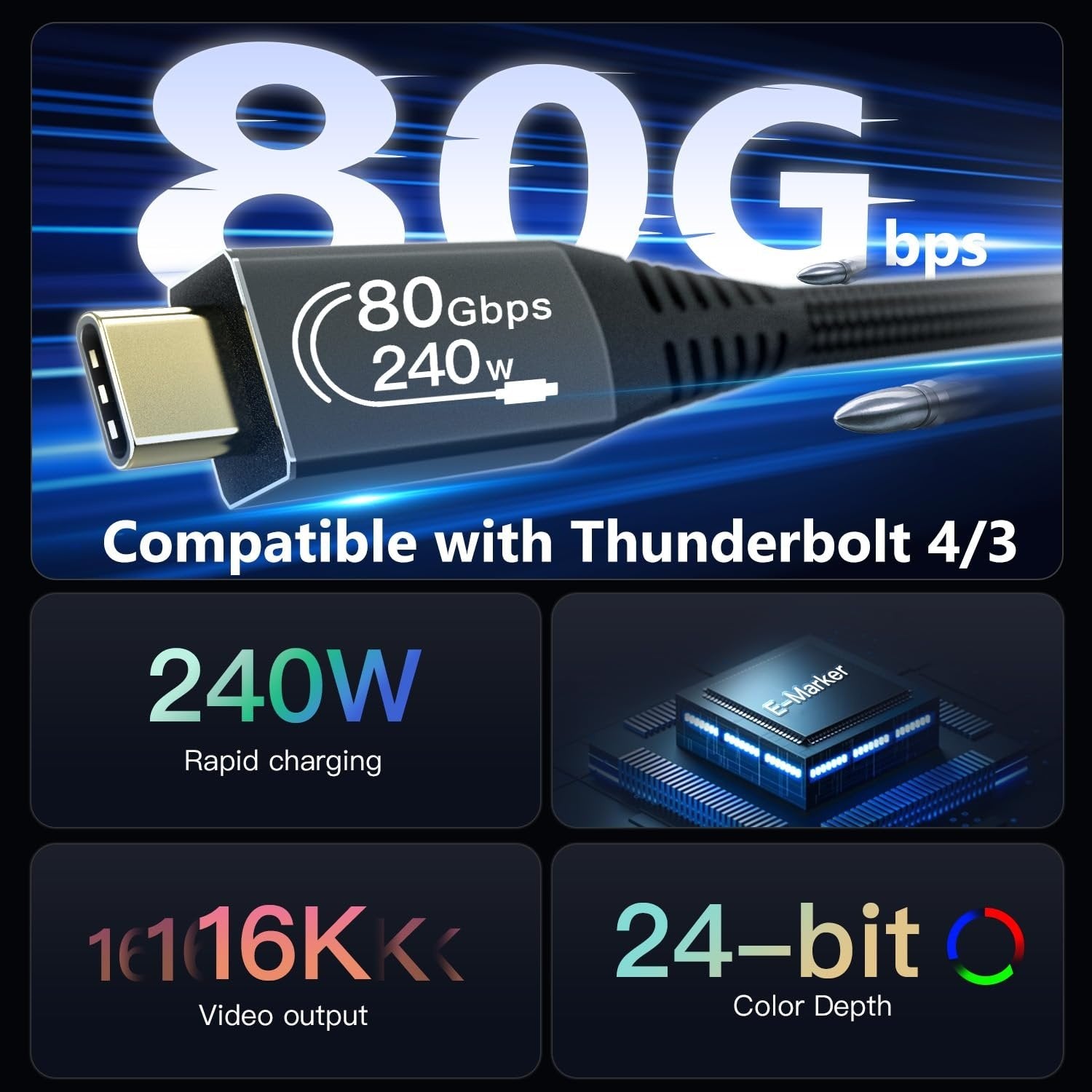 NÖRDIC 50cm Thunderbolt 5 kabel 80Gbps dataoverførsel 240W opladning 120Gbps båndbredde 16K60Hz 8K60Hz 4K540Hz