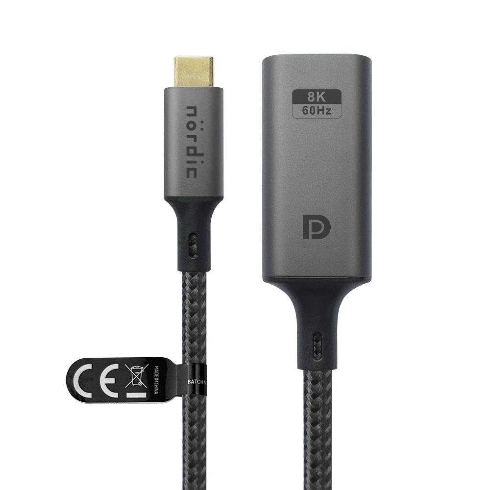 NÖRDIC 50 cm USBC til DP 1.4 kabel 8K30Hz 4K120Hz 32.4Gbps