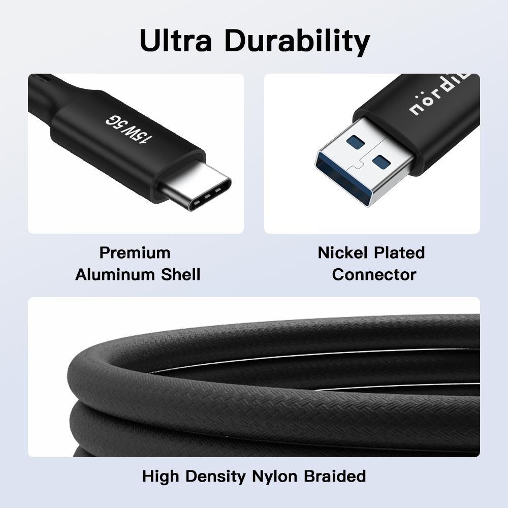 NÖRDIC 5m USB3.2 Gen1 USB-C til A nylonflettet kabel hurtigopladning 3A 5Gbps 15W sort