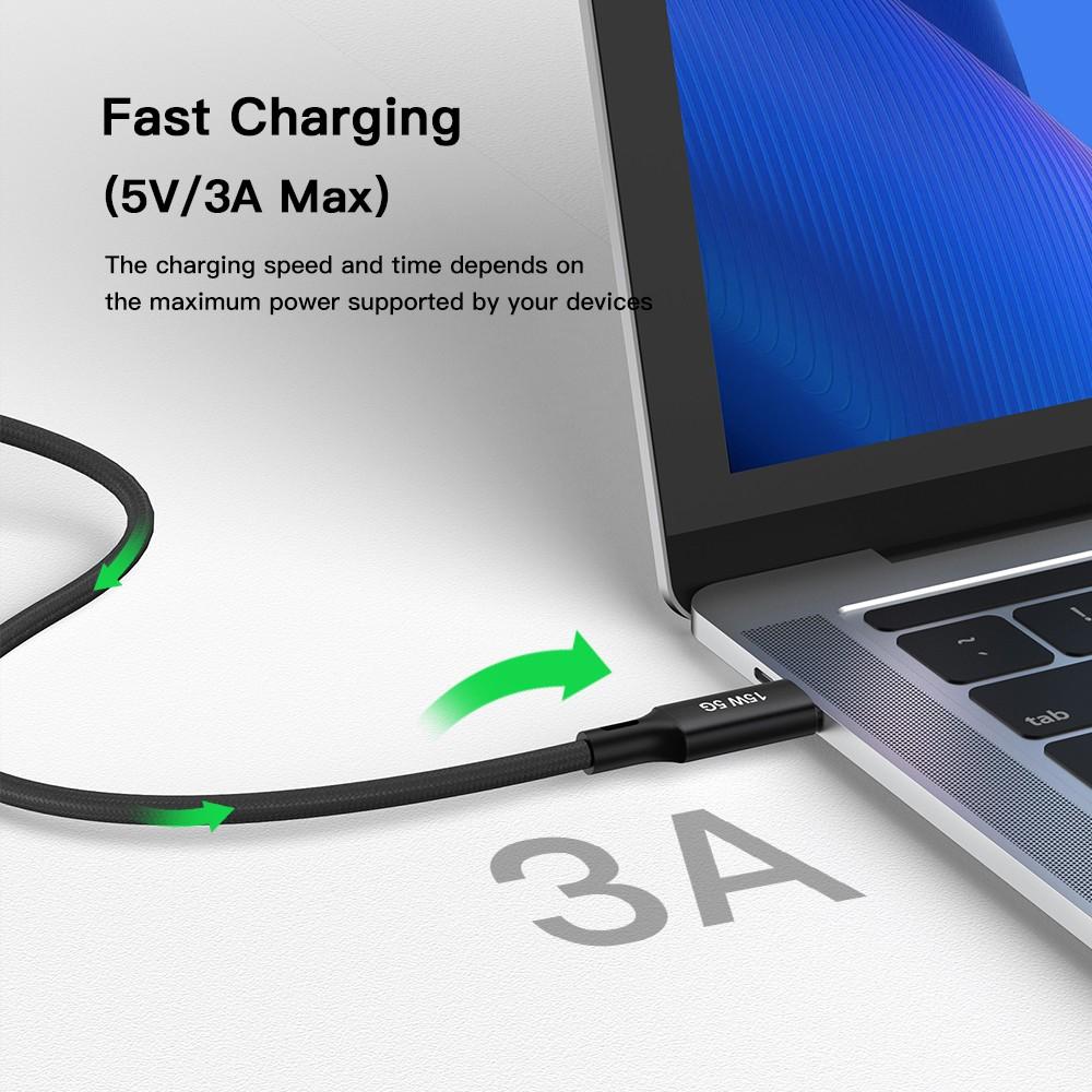 NÖRDIC 5m USB3.2 Gen1 USB-C til A nylonflettet kabel hurtigopladning 3A 5Gbps 15W sort