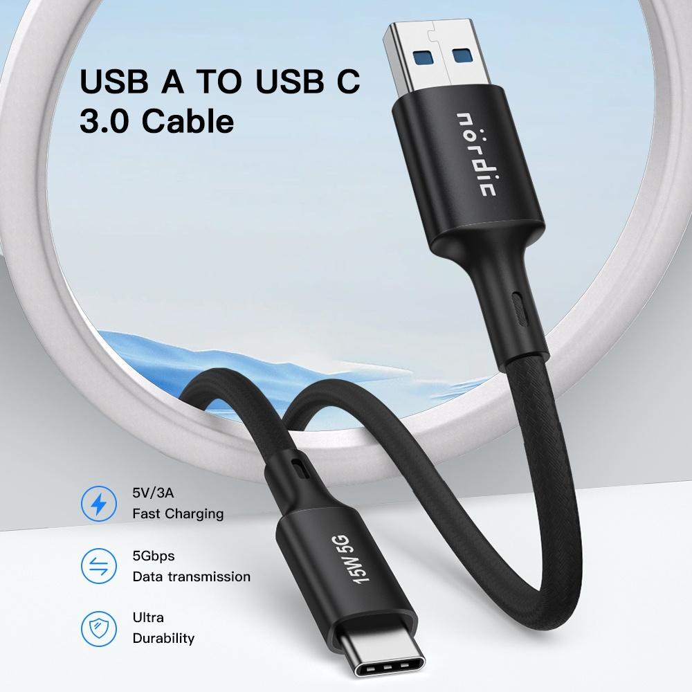 NÖRDIC 5m USB3.2 Gen1 USB-C til A nylonflettet kabel hurtigopladning 3A 5Gbps 15W sort