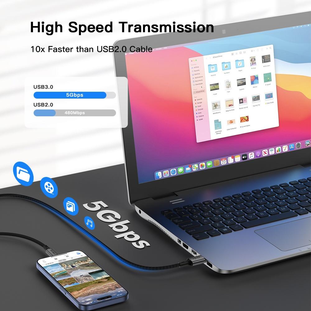 NÖRDIC 5m USB3.2 Gen1 USB-C til A nylonflettet kabel hurtig opladning 3A 5Gbps 60W grå