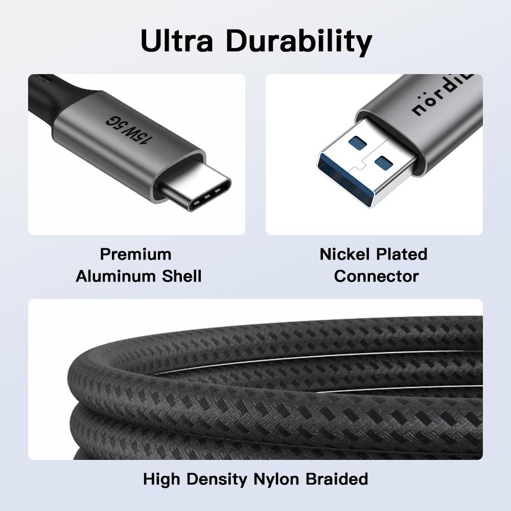 NÖRDIC 5m USB3.2 Gen1 USB-C til A nylonflettet kabel hurtig opladning 3A 5Gbps 60W grå