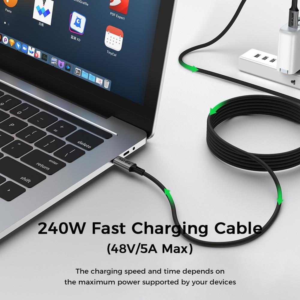 NÖRDIC 5m USB 3.2 Gen 2 USB-C til C nylon flettet kabel PD3.1 240W 20G 4K60Hz grå