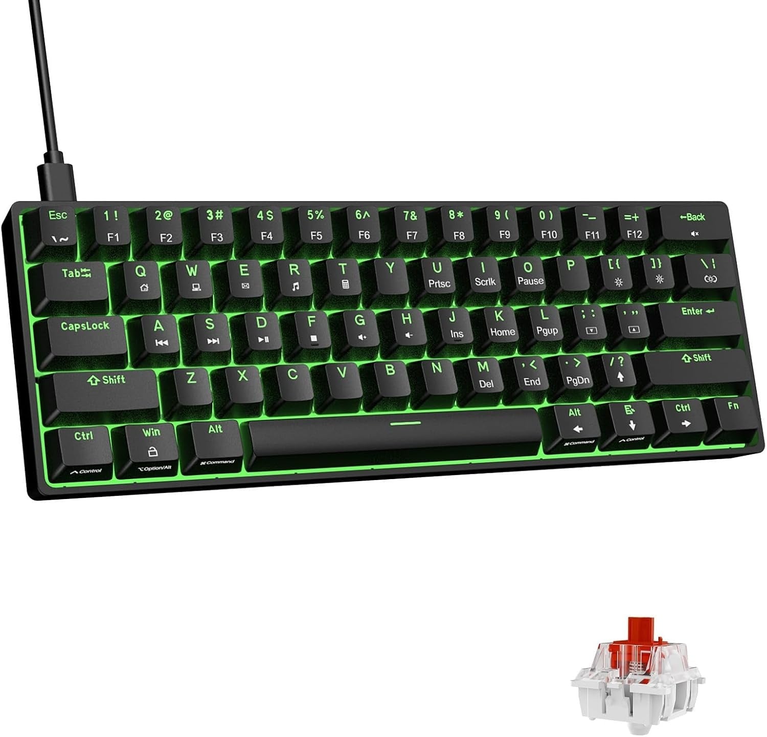 NÖRDIC 60% Kablet mekanisk gaming-tastatur med røde switches, LED-baggrundsbelysning, ultrakompakt 61 taster, US layout