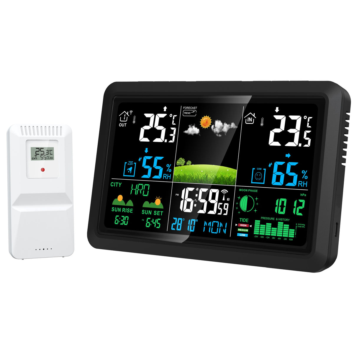 NÖRDIC 7,5" LCD Trådløs Vejrstation Hygrometer Termometer Månefaser Barometer RCC Radiokontrolleret Alarmur Soltid