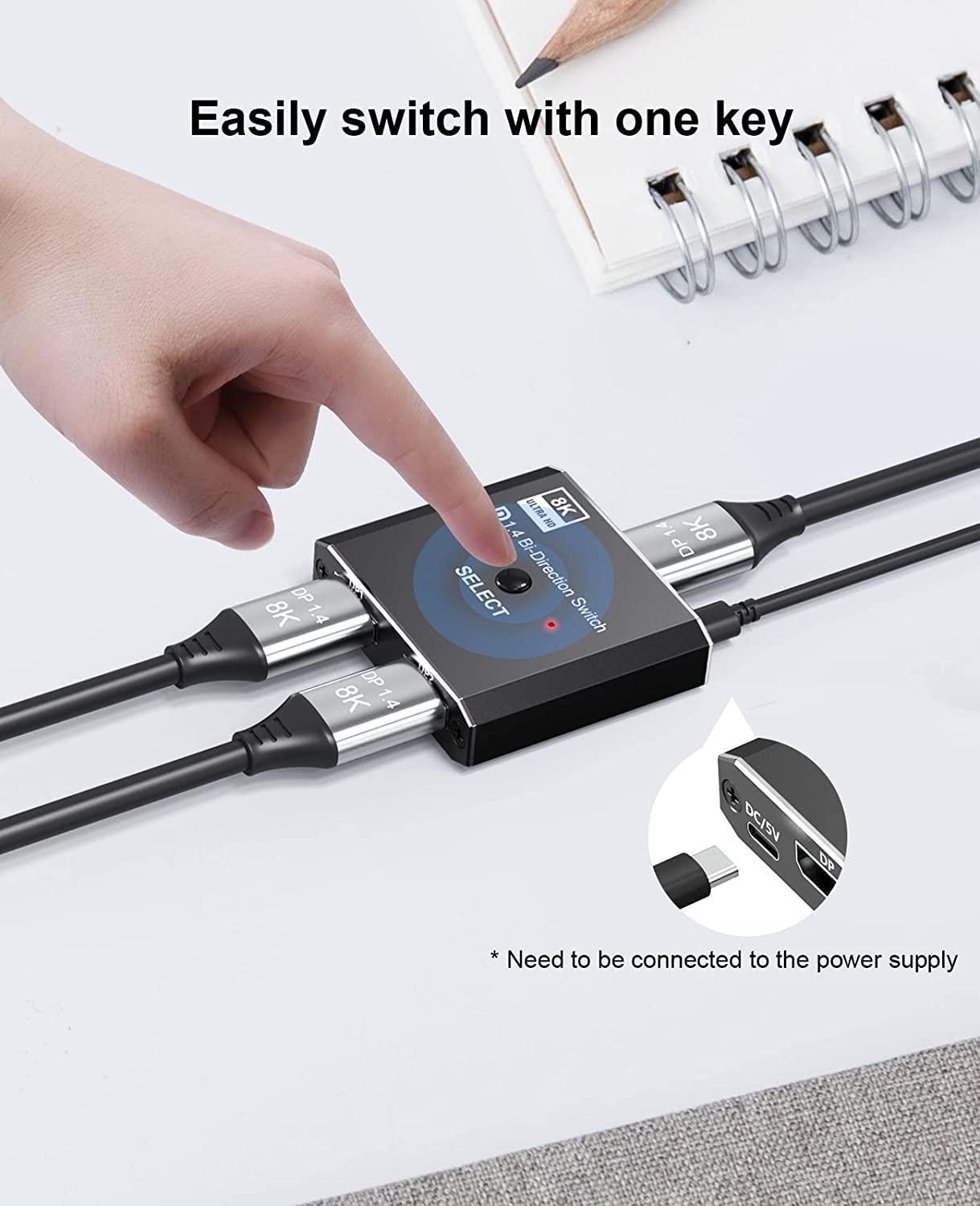 NÖRDIC 8K30Hz Displayport switch 2 til 1 og splitter 1 til 2, 4K120hz