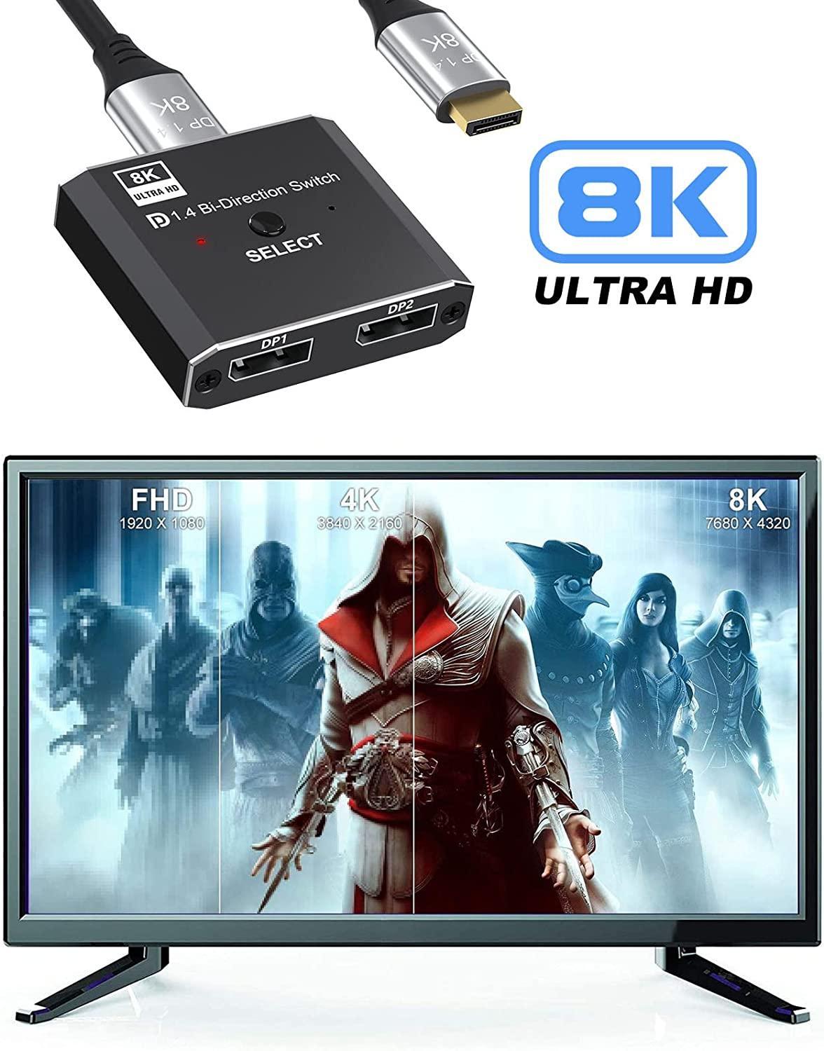 NÖRDIC 8K30Hz Displayport switch 2 til 1 og splitter 1 til 2, 4K120hz