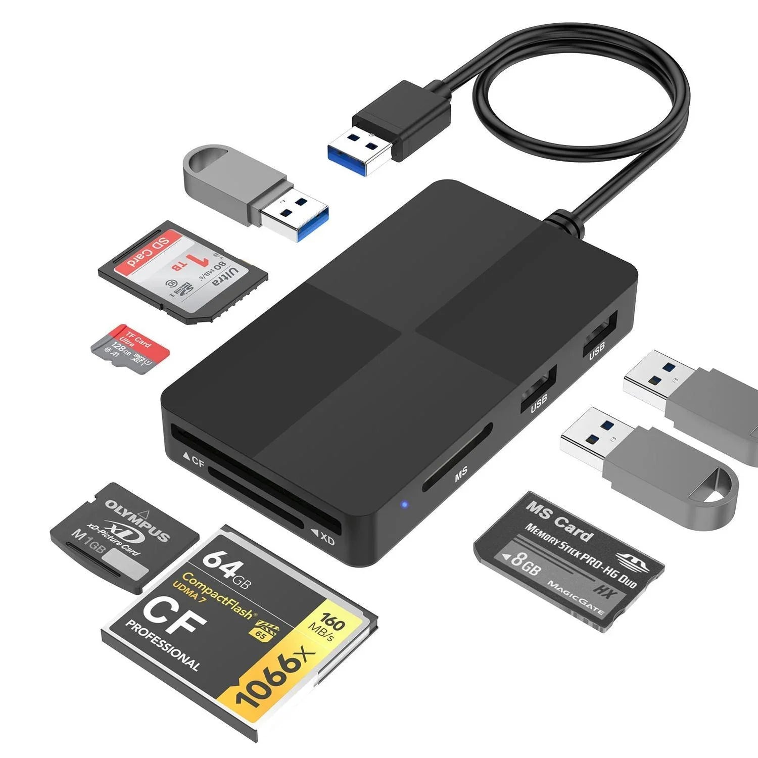 NÖRDIC USB-A kortlæser 5 slot CF, SD, MicroSD, MS, XD, 3xUSB-A UHS-I