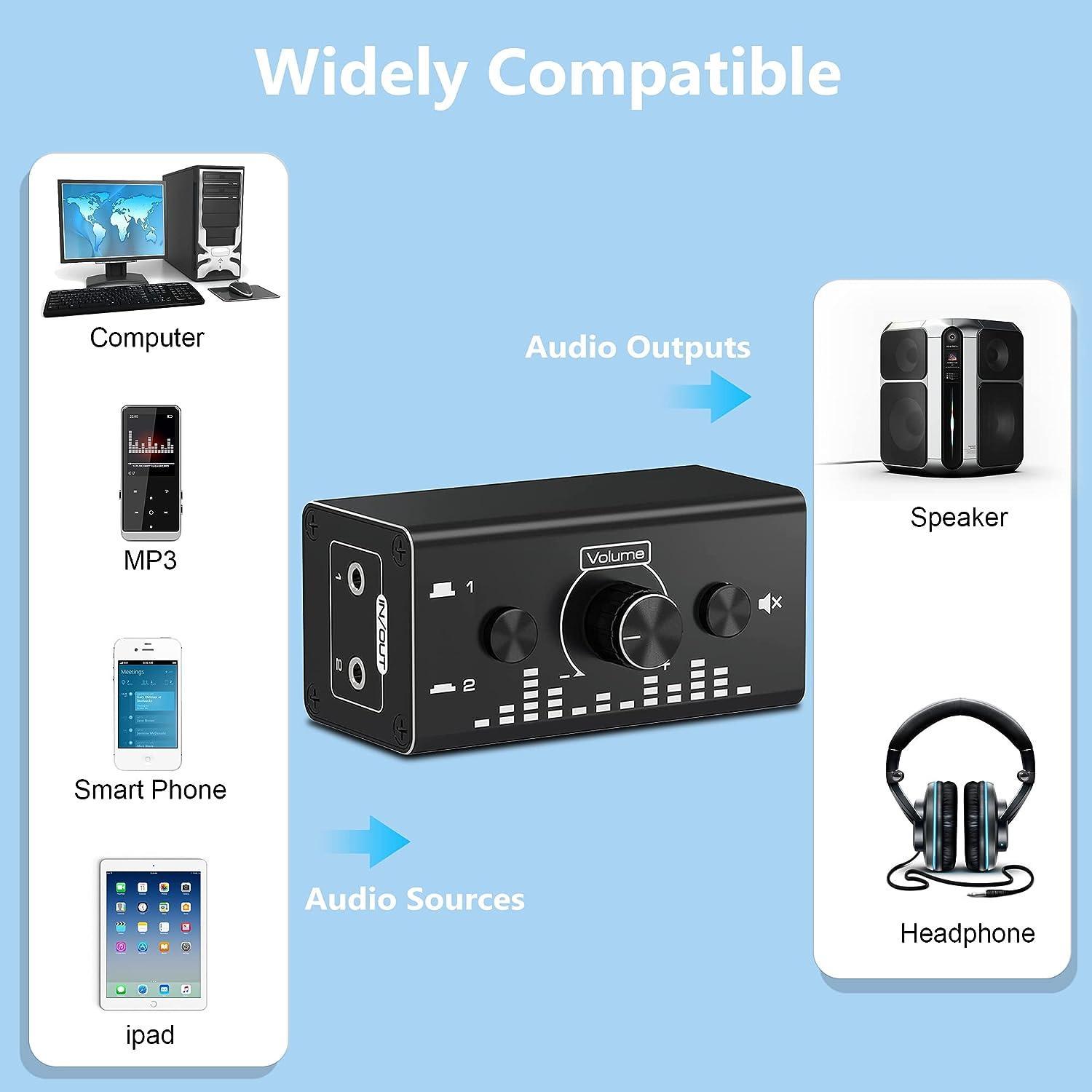 NÖRDIC Bi-Directional 3,5 mm jack-lydkontakt 2 in 1 out / 1 in 2 out analog lydløs stereolydkontakt med lydstyrkekontrol