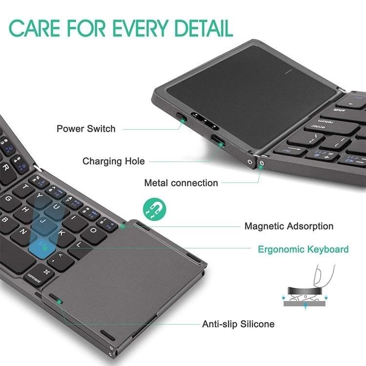 NÖRDIC Bluetooth 5.0 foldetastatur med touchpad 64 taster Multiparring IOS Android Windows US Layout