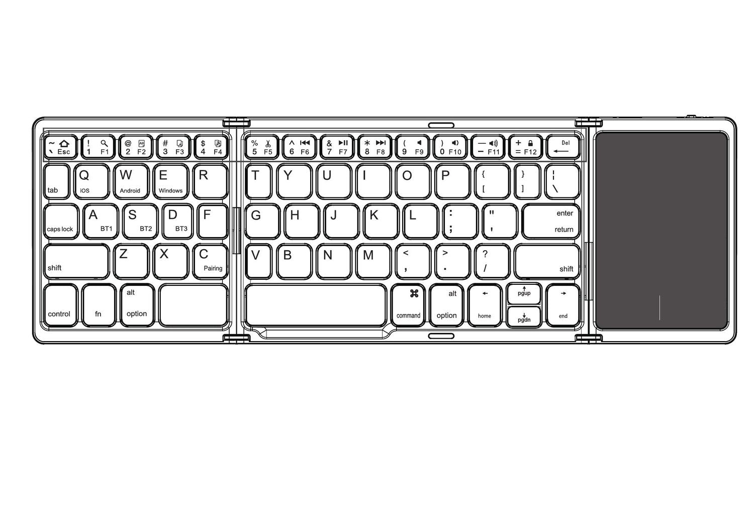 NÖRDIC Bluetooth 5.0 foldetastatur med touchpad 64 taster Multiparring IOS Android Windows US Layout