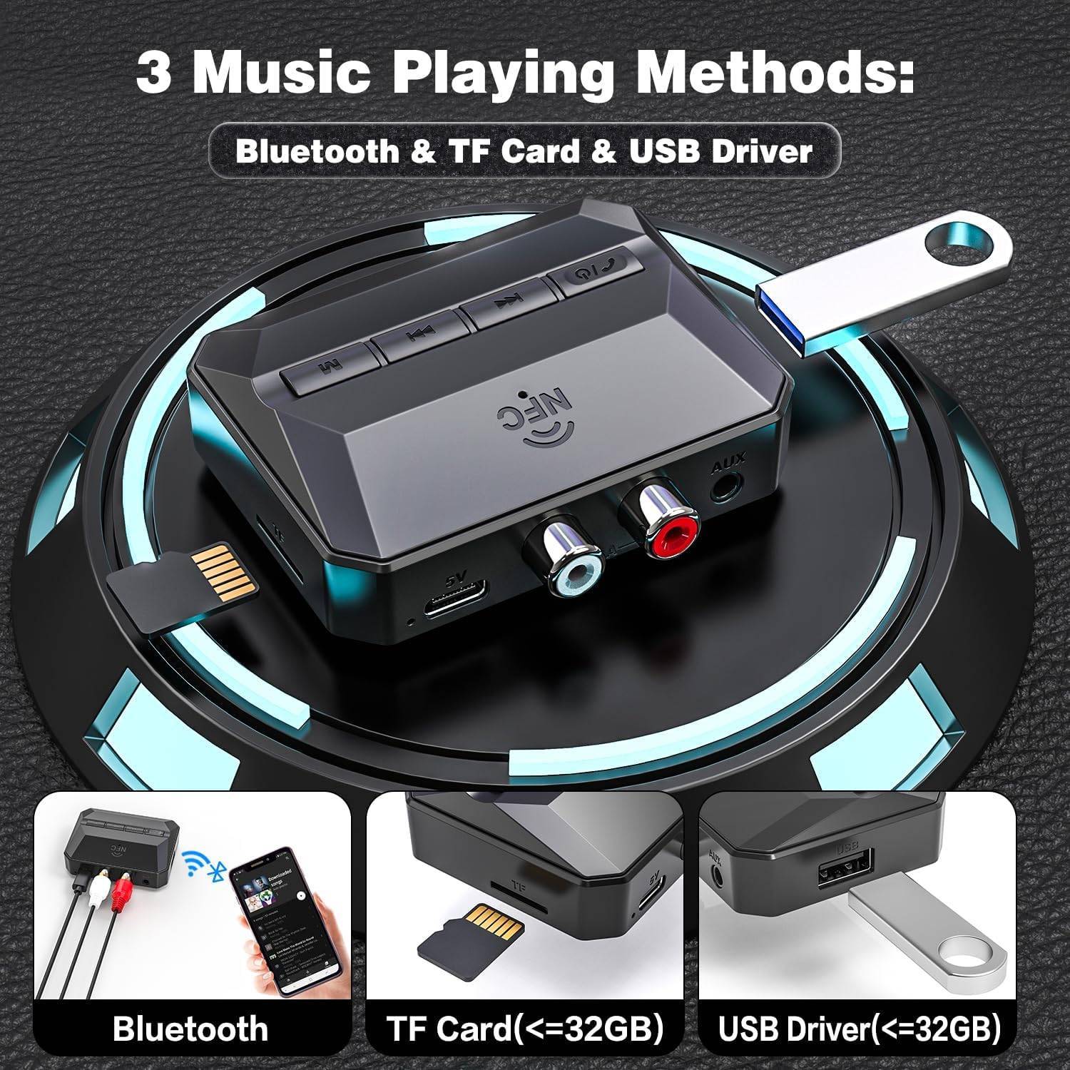 NÖRDIC Bluetooth Modtager 5.3 RCA 3.5mm AUX med NFC MicroSD Kort USB Hukommelse