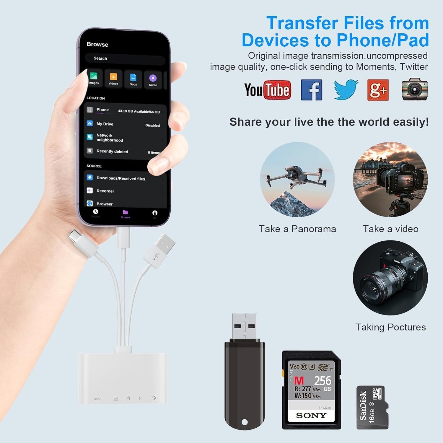 NÖRDIC USB-A, USB-C, Lightning-kortlæser 2-slot SD, MicroSD 1xUSB-A, 1xAUX, 1xLightning-opladning UHS-I