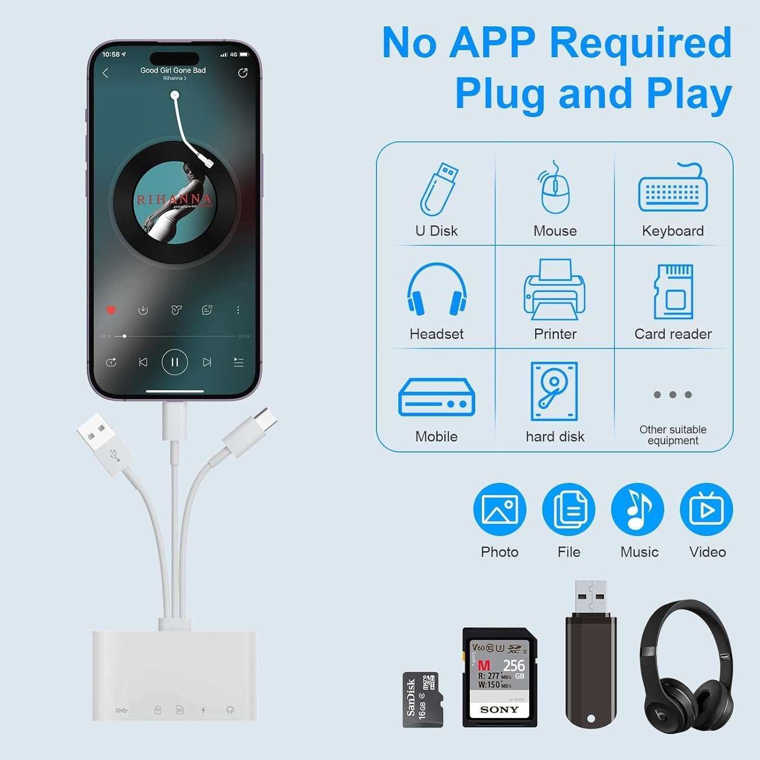 NÖRDIC USB-A, USB-C, Lightning-kortlæser 2-slot SD, MicroSD 1xUSB-A, 1xAUX, 1xLightning-opladning UHS-I