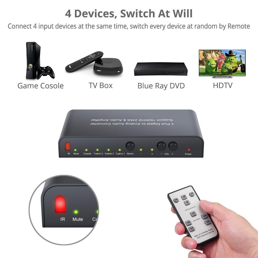 NÖRDIC Digital til analog audio konverter 3x optisk SPDIF og 1x Coaxial Toslink til analog L / R med fjernbetjening DAC D / A-konverter konverter