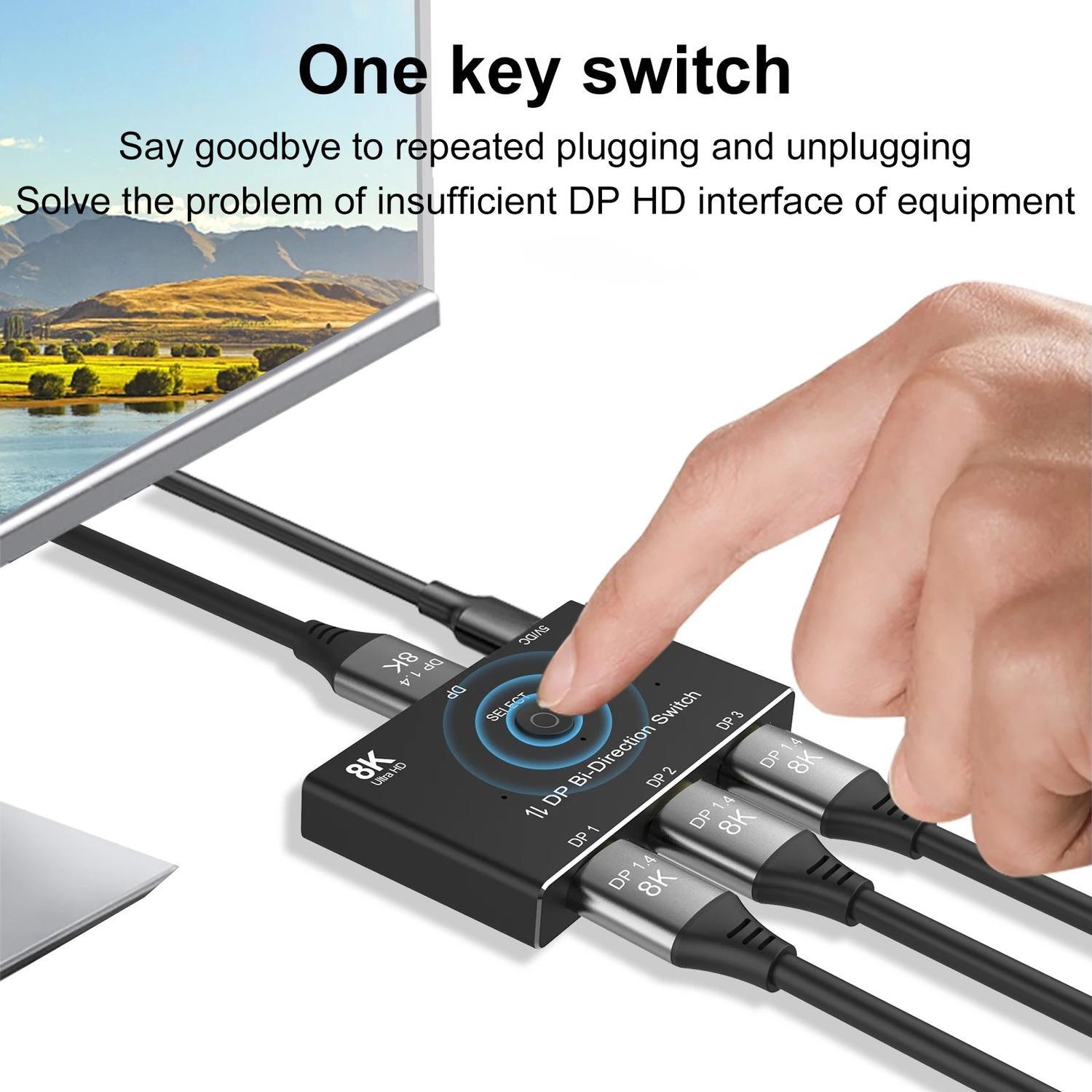 NÖRDIC Displayport 3 til 1 switch eller 1 til 3 splitter DP1.4 8K30Hz 4k120Hz 32.4Gbps