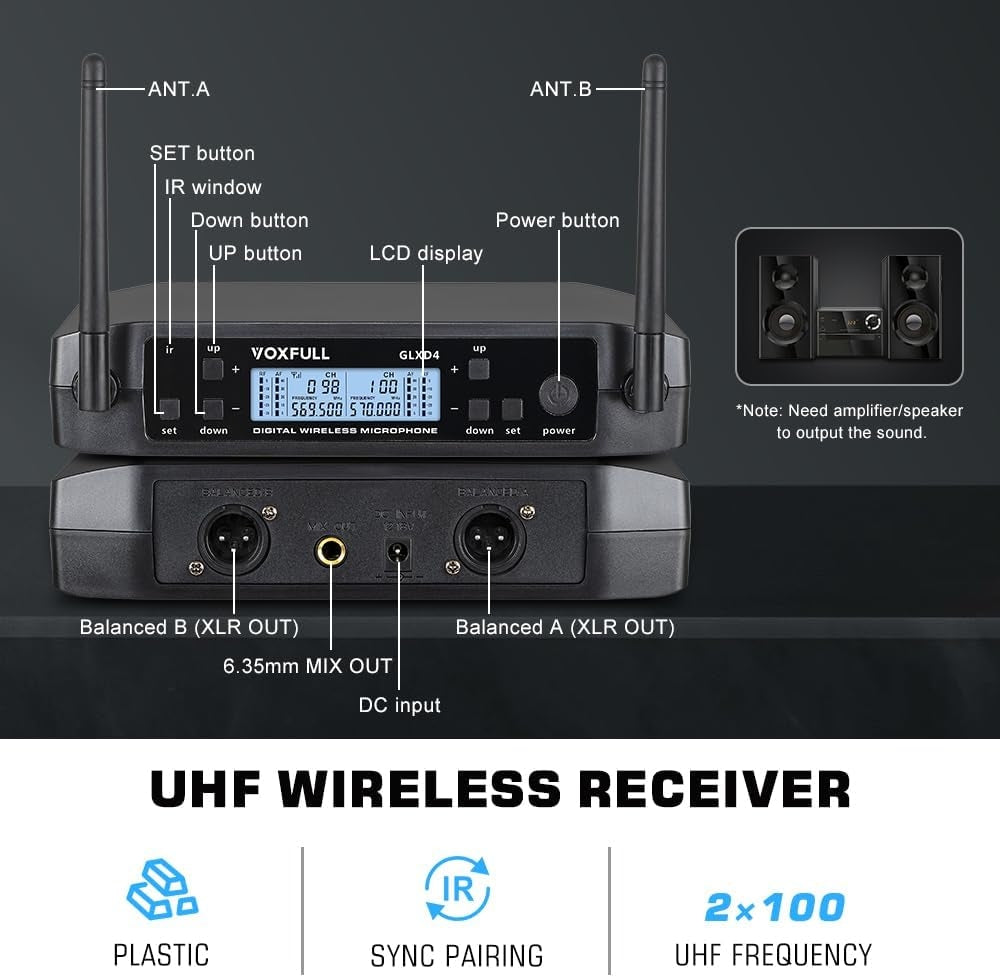 NÖRDIC Dual Wireless Microphone System 2 Handheld Dynamic Microphones, Adjustable UHF Channels, 50M Range,Wireless Microphones for Karaoke(GLXD4)