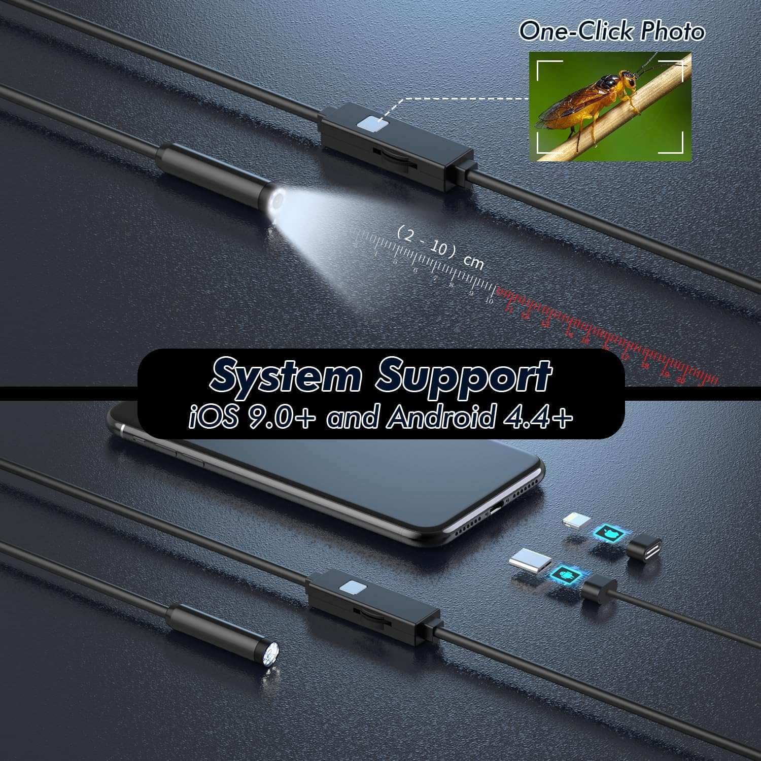 NÖRDIC Endoskopkamera til mobiltelefon med lys, 1080P HD, 8 LED-lys, vandtæt IP67, ingen WiFi nødvendig, Android og iOS