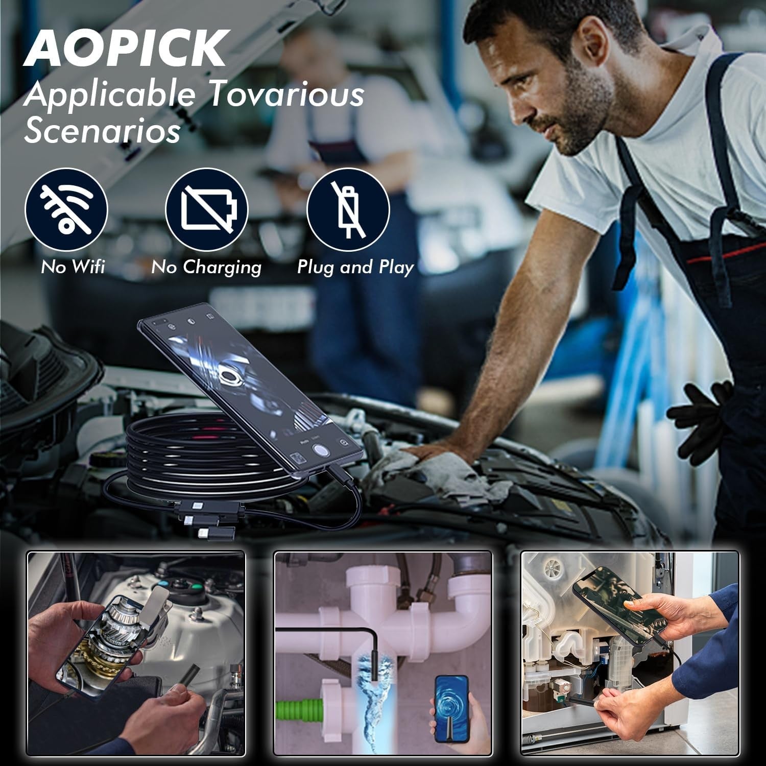 NÖRDIC Endoskopkamera til mobiltelefon med lys, 1080P HD, 8 LED-lys, vandtæt IP67, ingen WiFi nødvendig, Android og iOS