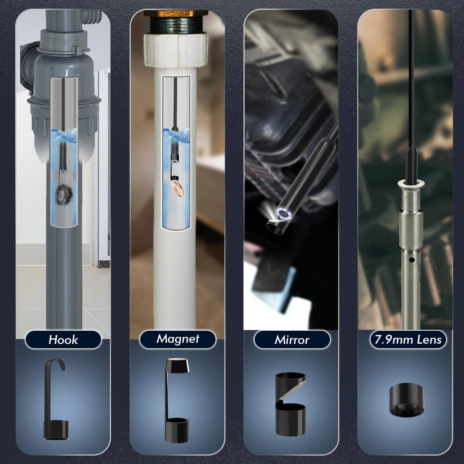 NÖRDIC Endoskopkamera til mobiltelefon med lys, 1080P HD, 8 LED-lys, vandtæt IP67, ingen WiFi nødvendig, Android og iOS