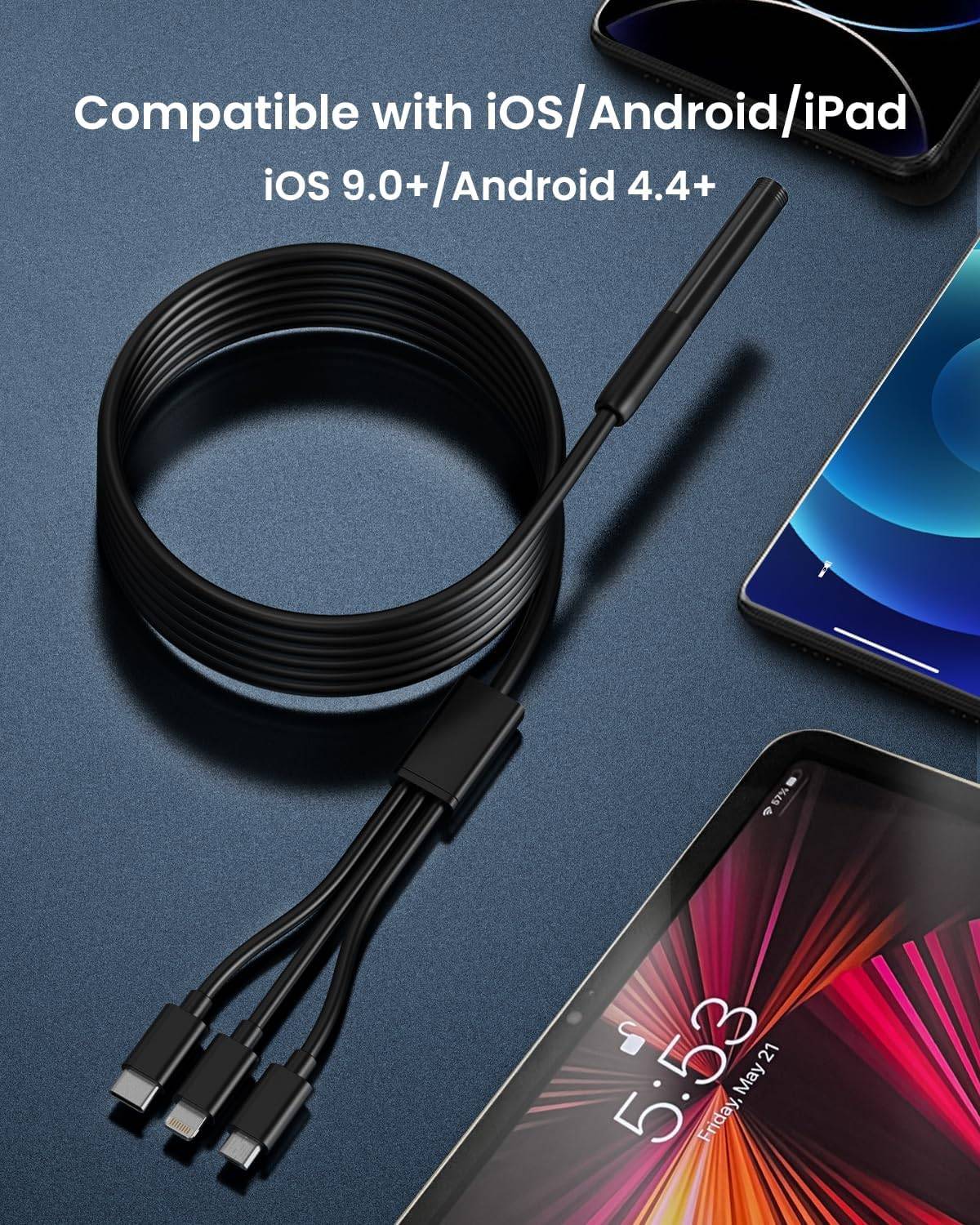 NÖRDIC Endoskopkamera til mobiltelefon med lys, 1080P HD, 8 LED-lys, vandtæt IP67, intet WiFi kræves, Android og iOS