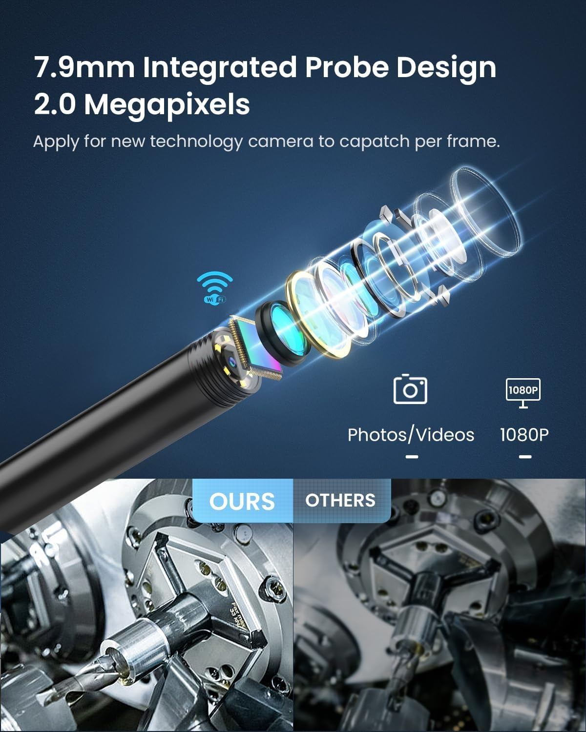 NÖRDIC Endoskopkamera til mobiltelefon med lys, 1080P HD, 8 LED-lys, vandtæt IP67, intet WiFi kræves, Android og iOS