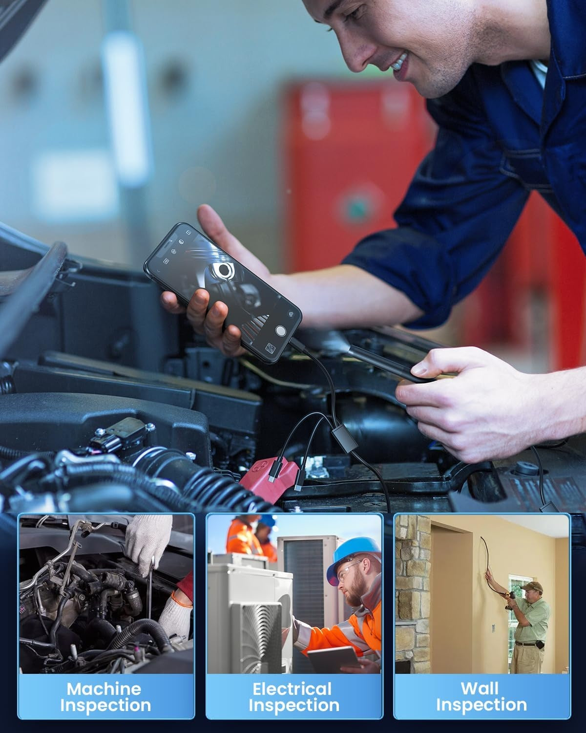 NÖRDIC Endoskopkamera til mobiltelefon med lys, 1080P HD, 8 LED-lys, vandtæt IP67, intet WiFi kræves, Android og iOS