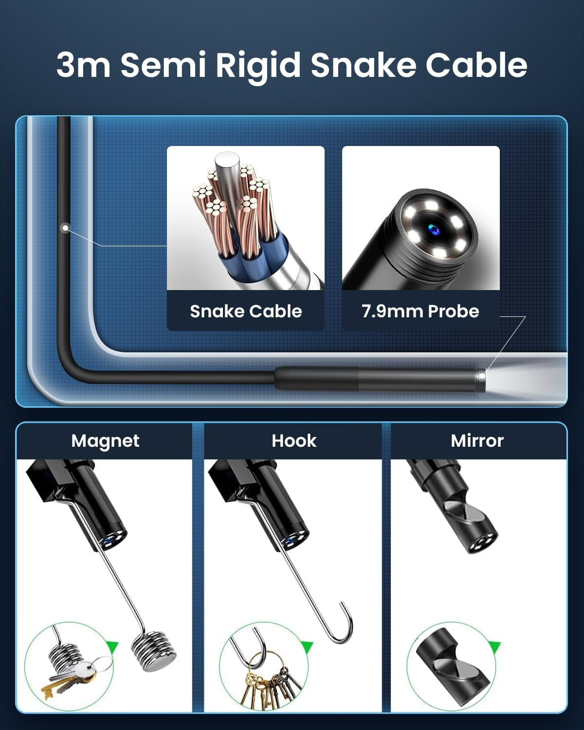 NÖRDIC Endoskopkamera til mobiltelefon med lys, 1080P HD, 8 LED-lys, vandtæt IP67, intet WiFi kræves, Android og iOS