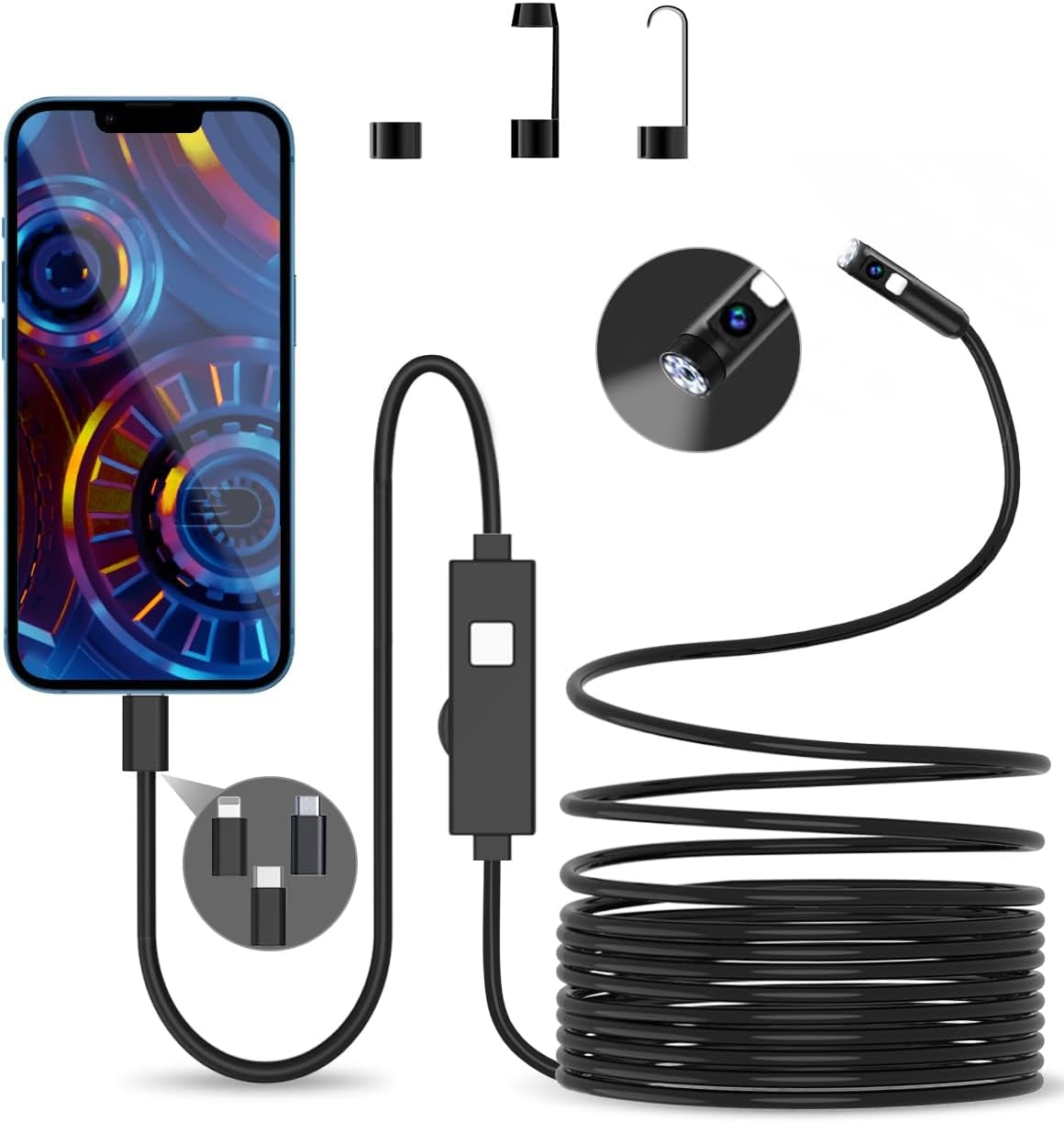 NÖRDIC Endoskopkamera med dobbeltlinse til mobiltelefon med lys, 1080P HD, 8 LED-lys, vandtæt IP67, intet WiFi kræves, Android og iOS