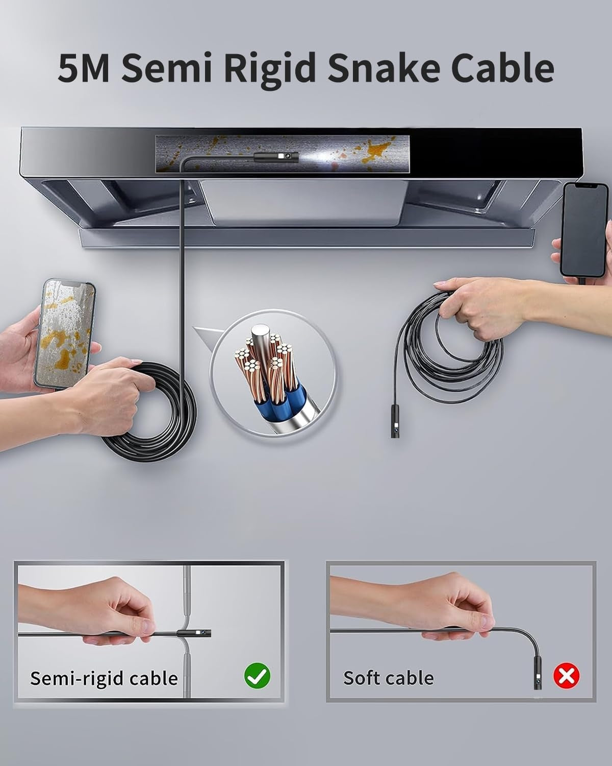 NÖRDIC Endoskopkamera med dobbeltlinse til mobiltelefon med lys, 1080P HD, 8 LED-lys, vandtæt IP67, intet WiFi kræves, Android og iOS