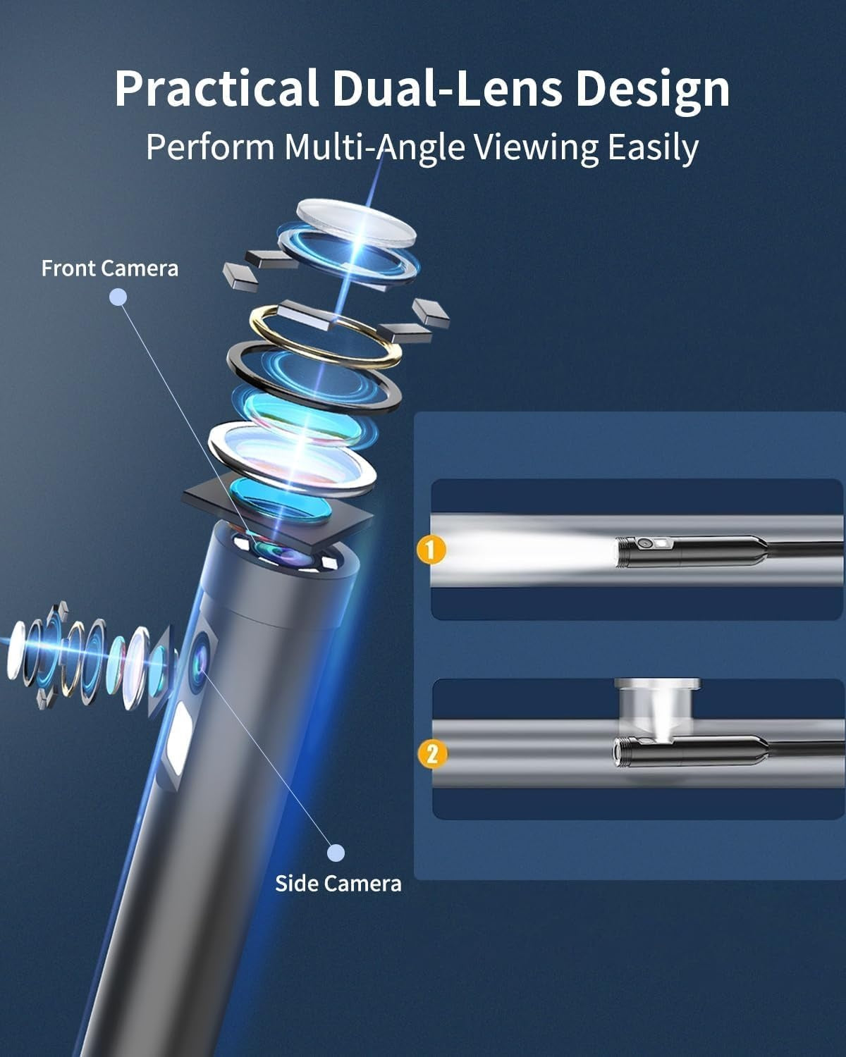 NÖRDIC Endoskopkamera med dobbeltlinse til mobiltelefon med lys, 1080P HD, 8 LED-lys, vandtæt IP67, intet WiFi kræves, Android og iOS