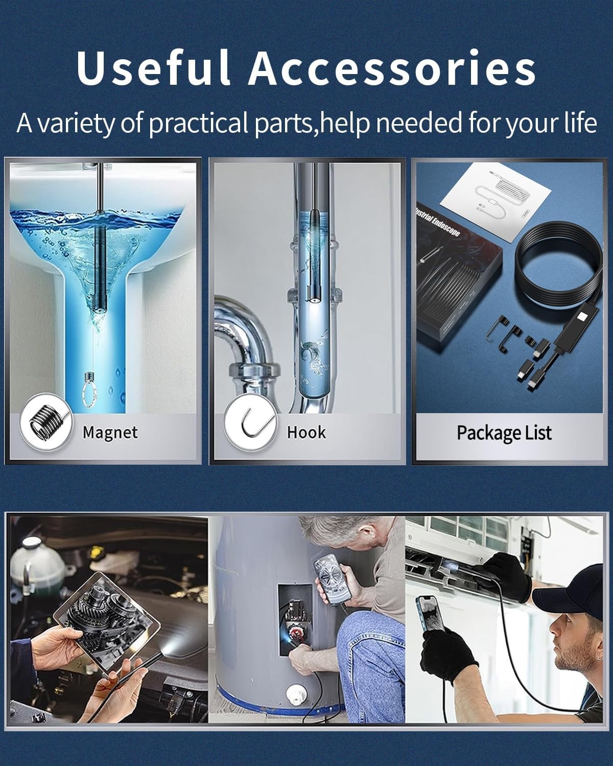 NÖRDIC Endoskopkamera med dobbeltlinse til mobiltelefon med lys, 1080P HD, 8 LED-lys, vandtæt IP67, intet WiFi kræves, Android og iOS