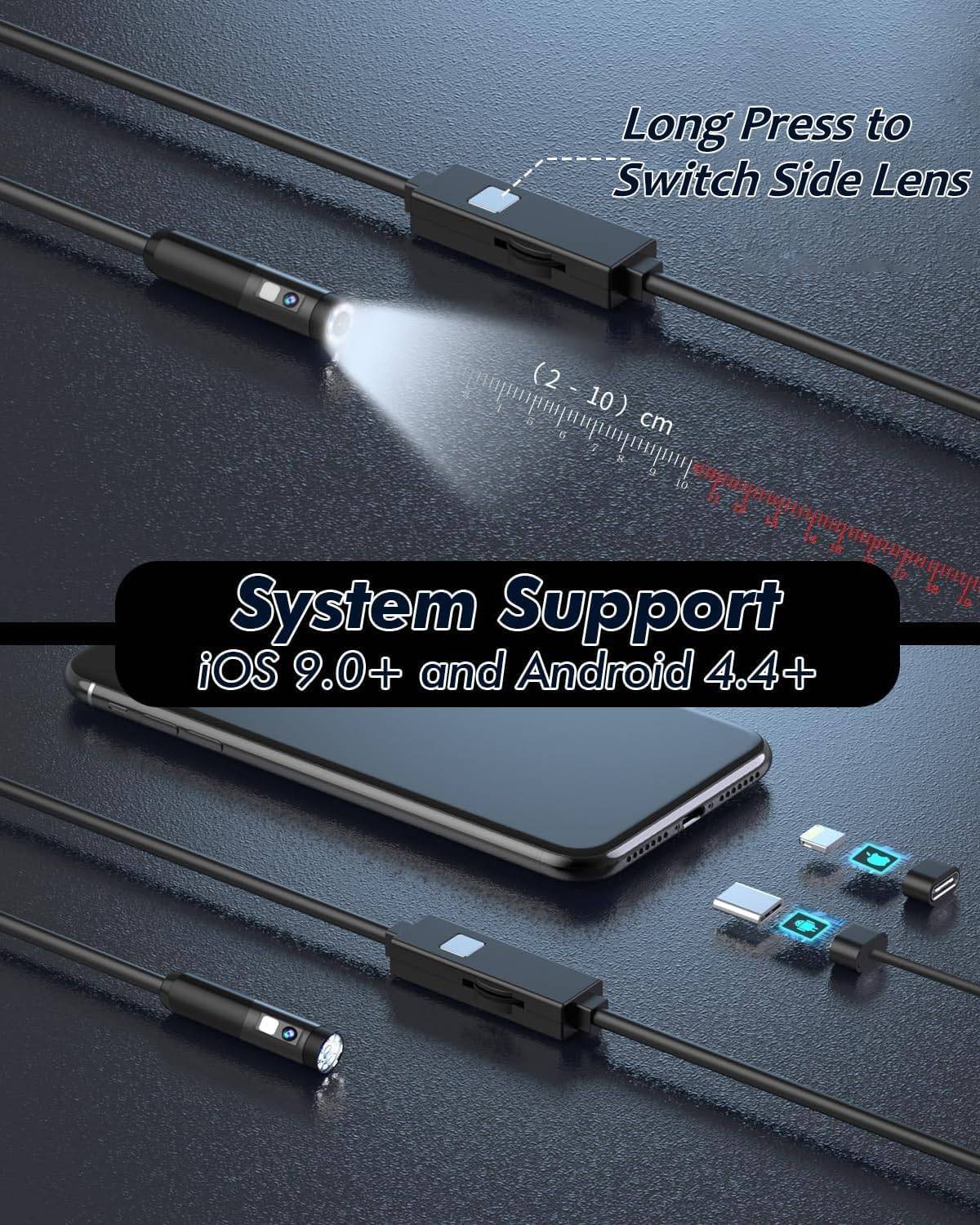 NÖRDIC Endoskopkamera med dobbeltlinse til mobiltelefon med lys, 1080P HD, 8 LED-lys, vandtæt IP67, intet WiFi kræves, Android og iOS