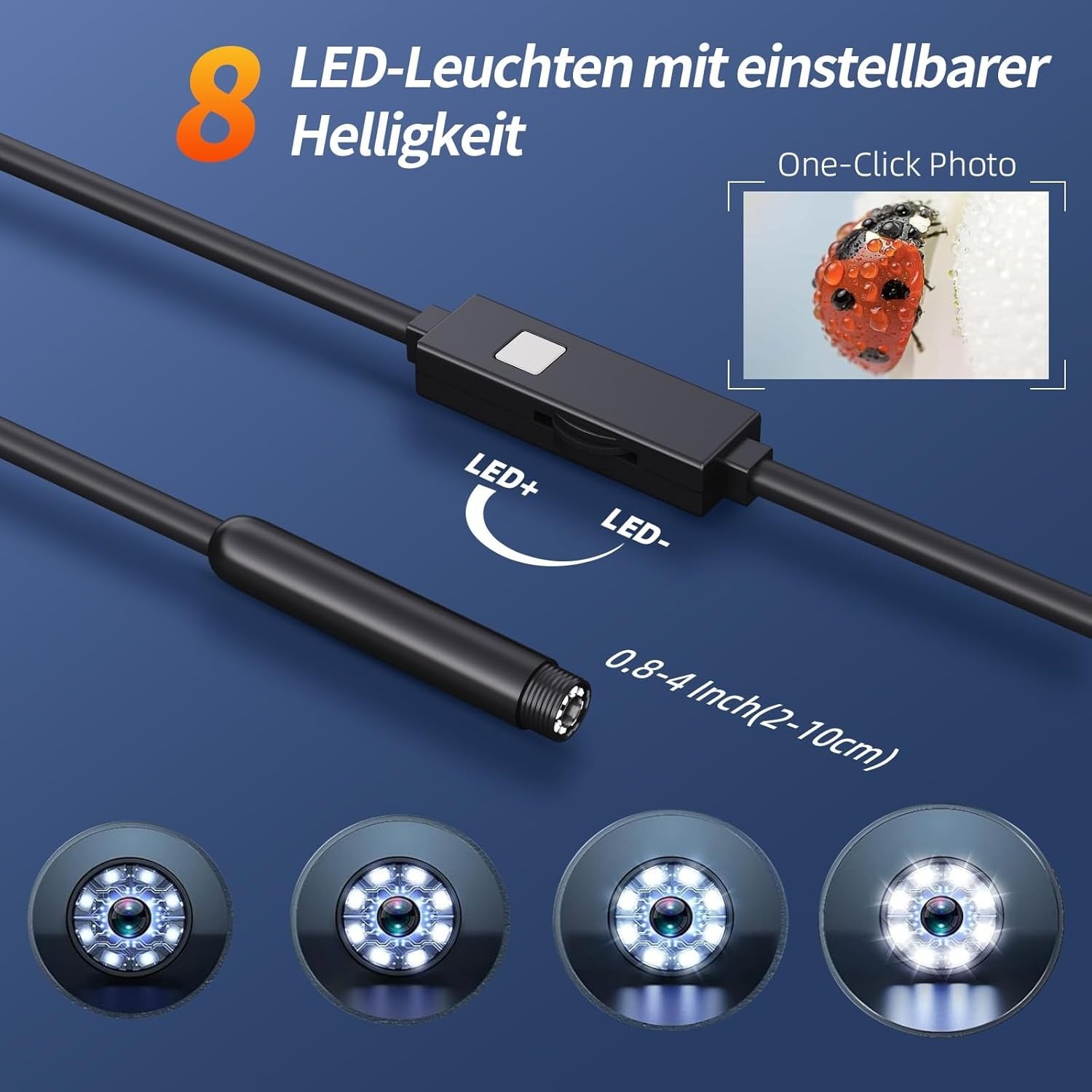 NÖRDIC Endoskopkamera til mobiltelefon med lys, 1080P HD, 8 LED-lys, vandtæt IP67, ingen WiFi nødvendig, Android og iOS