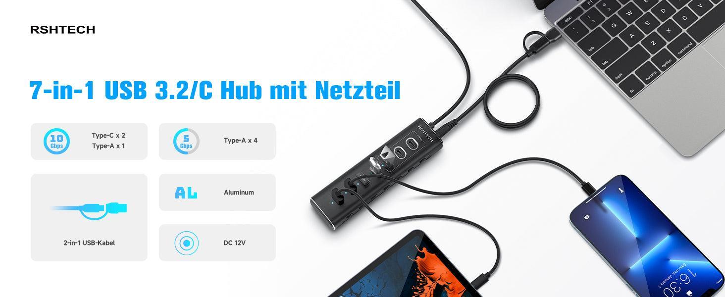 NÖRDIC GEN 3.2 USB-C og USB-A drevet Hubb 7-porte 3x10Gbps 4x5Gbps 1m kabel individuel switch