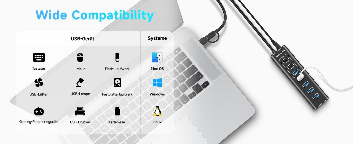 NÖRDIC GEN 3.2 USB-C og USB-A drevet Hubb 7-porte 3x10Gbps 4x5Gbps 1m kabel individuel switch