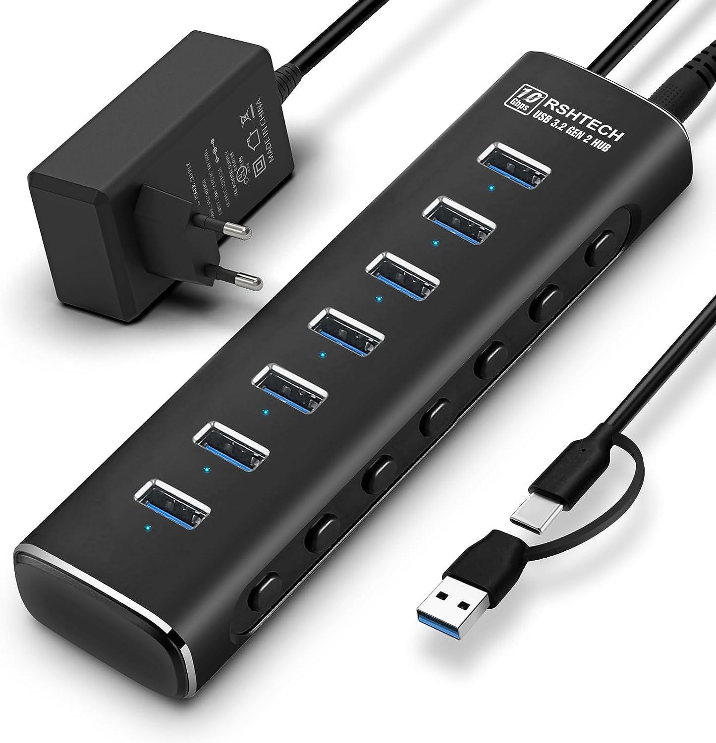 NÖRDIC GEN 3.2 USB-C og USB-A drevet Hub 7ports 7x10Gbps 1m kabel individuel switch