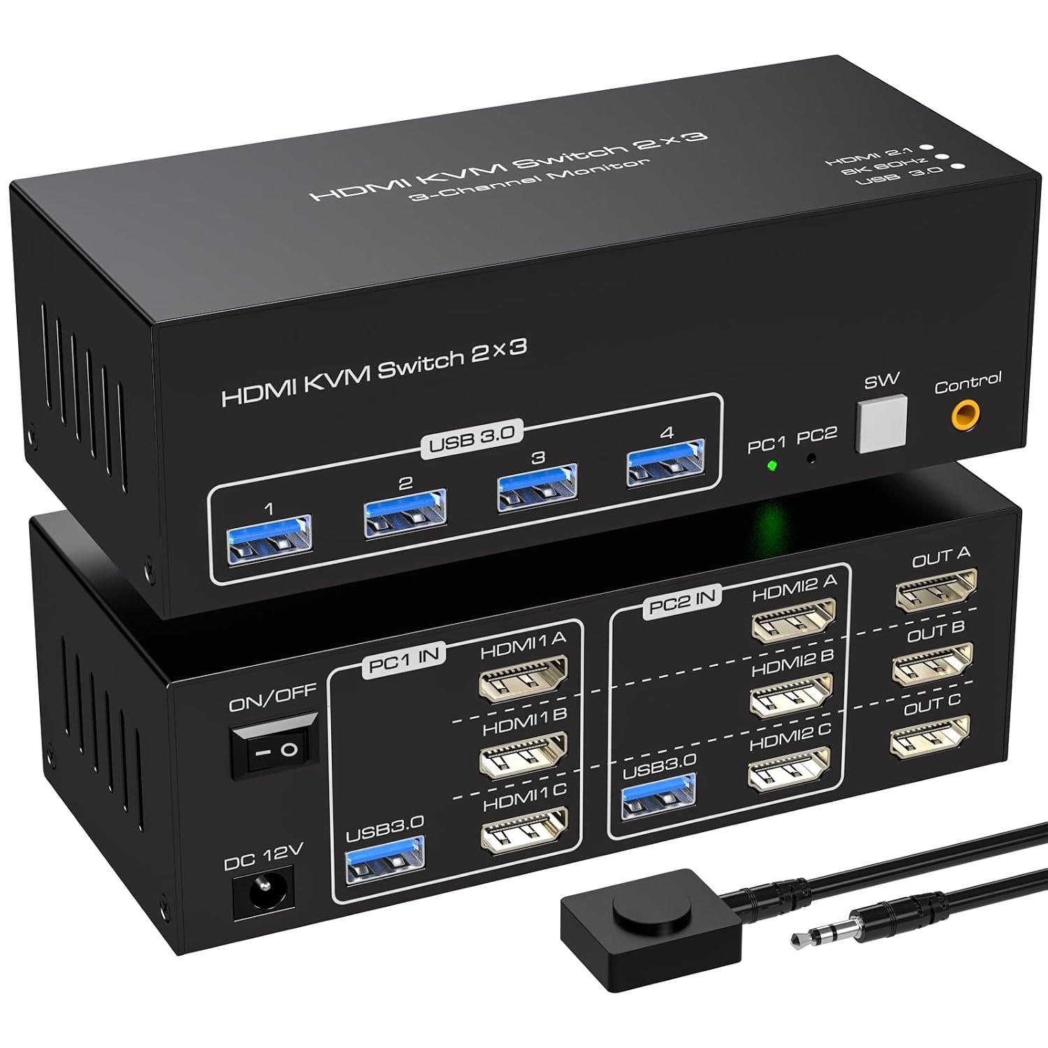 NÖRDIC HDMI 2.1 KVM-switch 2 computere 3 skærme 8K60Hz 4K144Hz Triple skærm 4 USB 3.0 til 2 PC deler 3 skærme